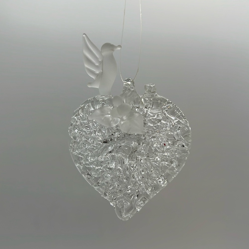 Vintage Handspun Glass Clear Heart/Bird Christmas Ornament